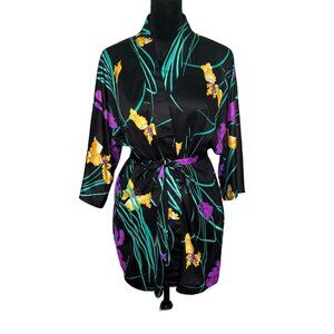 Vintage Kamehameha Floral Robe Hawaiian Belted Black Original Tropical Size L